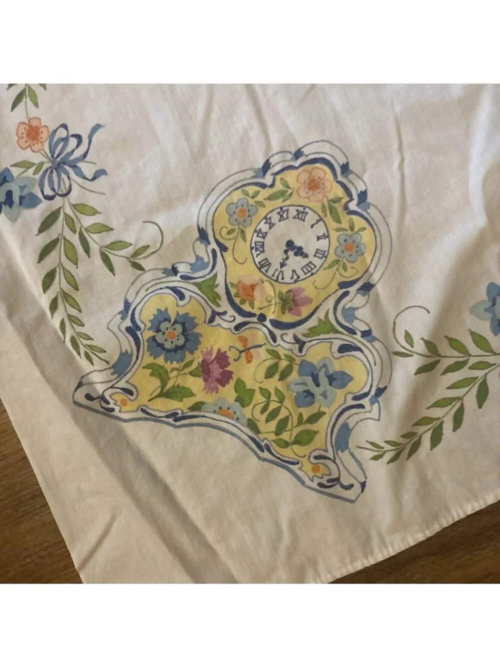 vintage cotton tablecloth Clocks Yellow And Blue 46 X 42